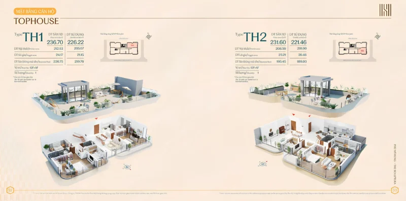 Căn hộ penthouse duplex với 221m2 và 226m2 cộng thêm 189m2 và 219m2 sân vườn